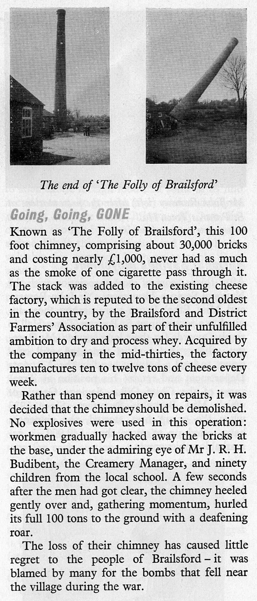 1956 Demolition of the chimney at Brailsford Creamery, Derbyshire
