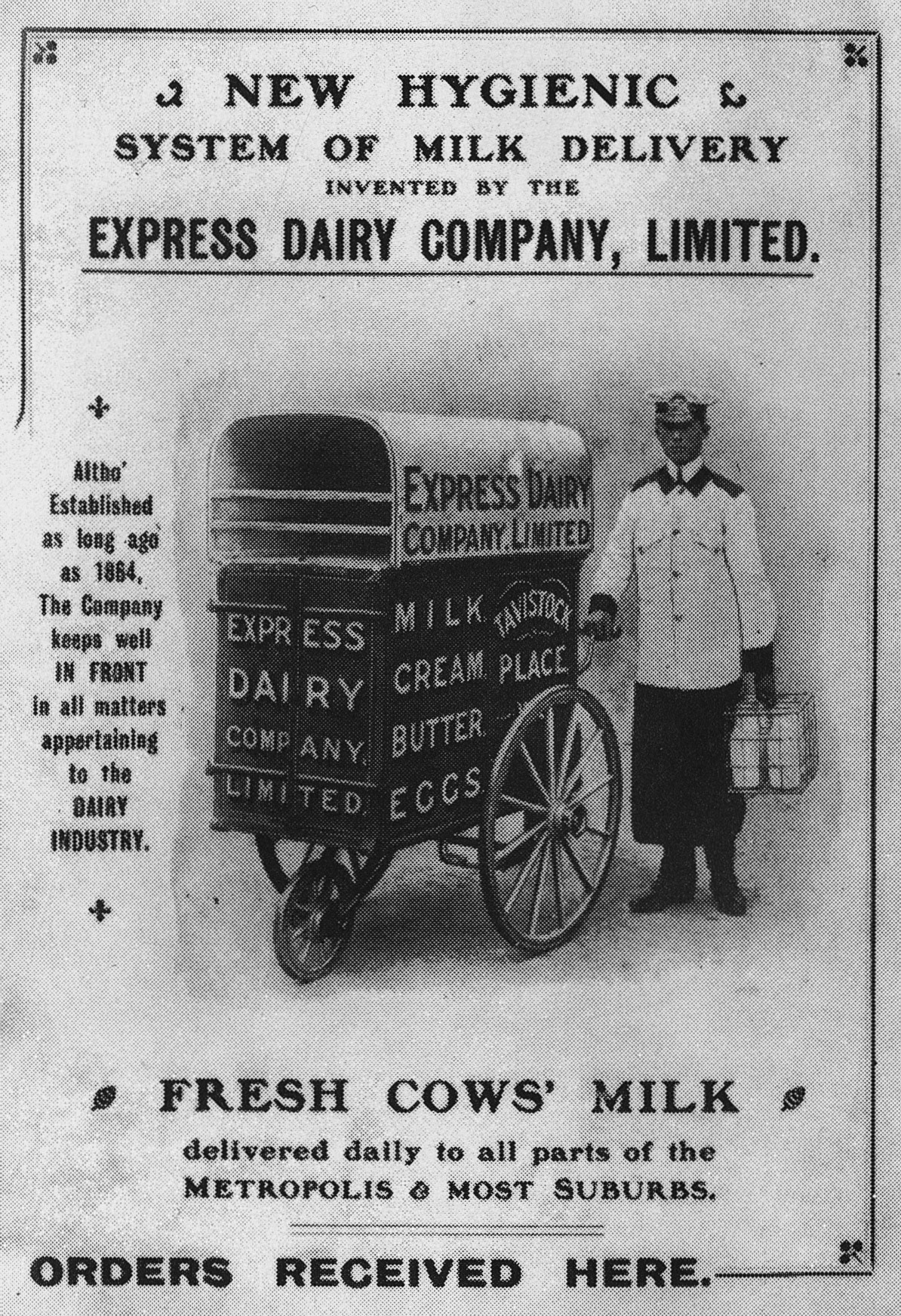 1920's, hand cart manufactured by TH Lewis of Campden Town, and cost £30 each-reprinted in Express News March 1989. Roger Frost comments "I was always told that was my Uncle Bob who either worked in Vicarage Farm in Kentish Town, or Highgate Village, in the 1920's and 30's".