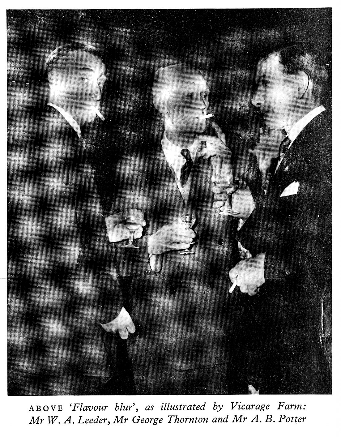 1961 Long Service Dinner at The Grosvenor Rooms, Vicarage Farm staff: Mr W.A. Leeder, Mr George Thornton and Mr A.B. Potter. (LSA Annual Review)