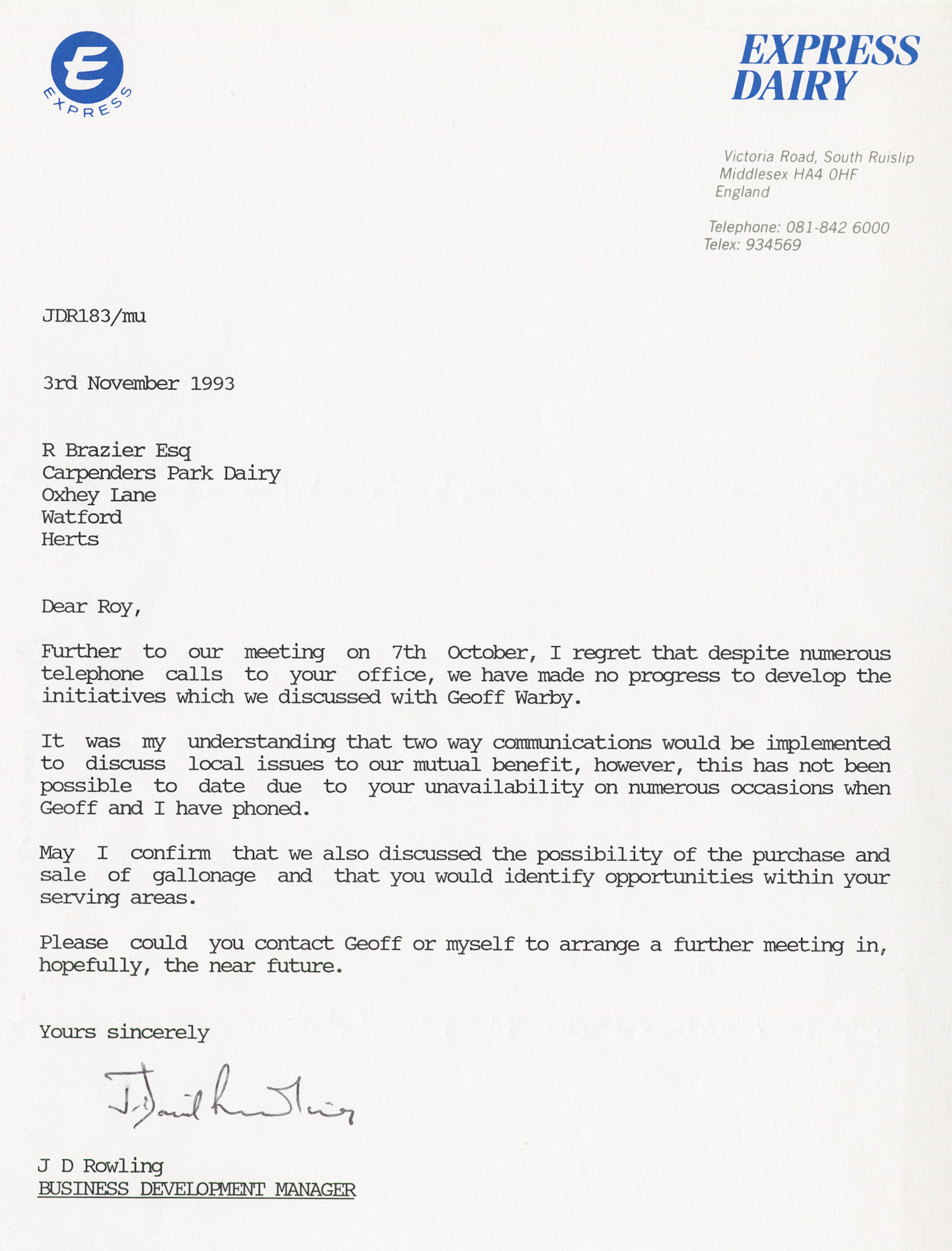 1993 Letter from David Rowling to Roy Brazier requesting contact. (Courtesy Paul Luke)