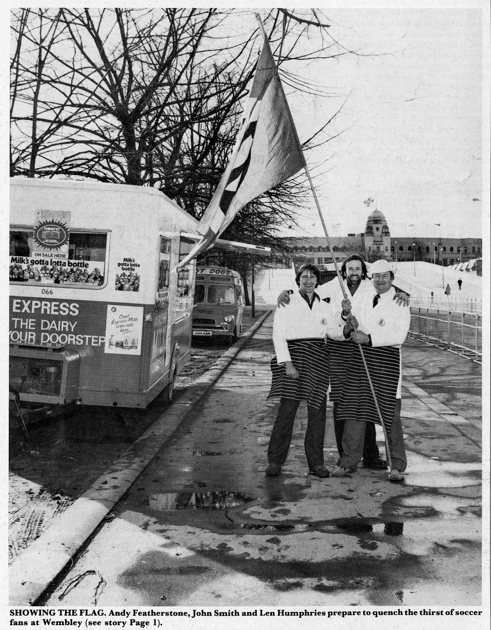 1982 Andy Featherstone, John Smith and Len Humphries prepare to quench the thirst of soccer fans at Wembley