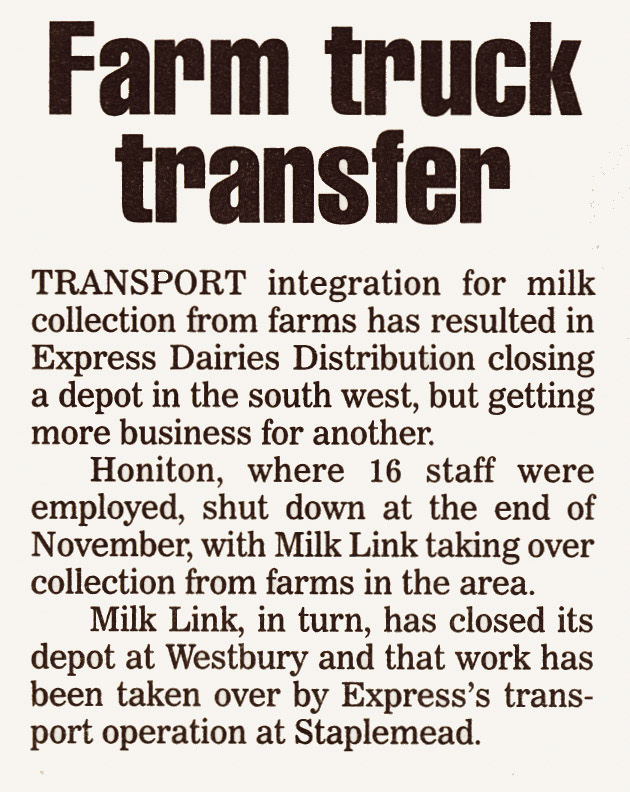 2000 Staplemead Distribution gain business from Milk Link's Westbury depot following the closure of that site and Express Honiton. (Courtesy Michael Aldread)