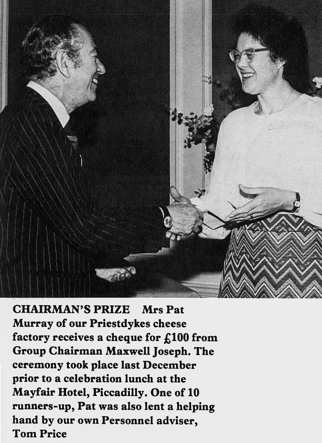 1979 Mrs Pat Murray of Priestdykes receives the Chairman's prize from Maxwell Joseph. (Express News Spring)