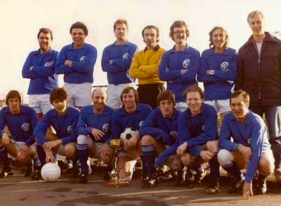 1982/3 Football Team. Steve Woodford and Joe Taylor identify, back row: Tom O'Shaunnessy, Albi Charles, ?, Kevin Walton, John McWhirter, Ronnie Spelman, Gerry Flint. Front Row: Steve Surkitt, Steve Woodford, Jimmy Smith, Chris Burton, Colin Surkitt, Bob Fletcher, Derek Wing. (Courtesy Steve Woodford)