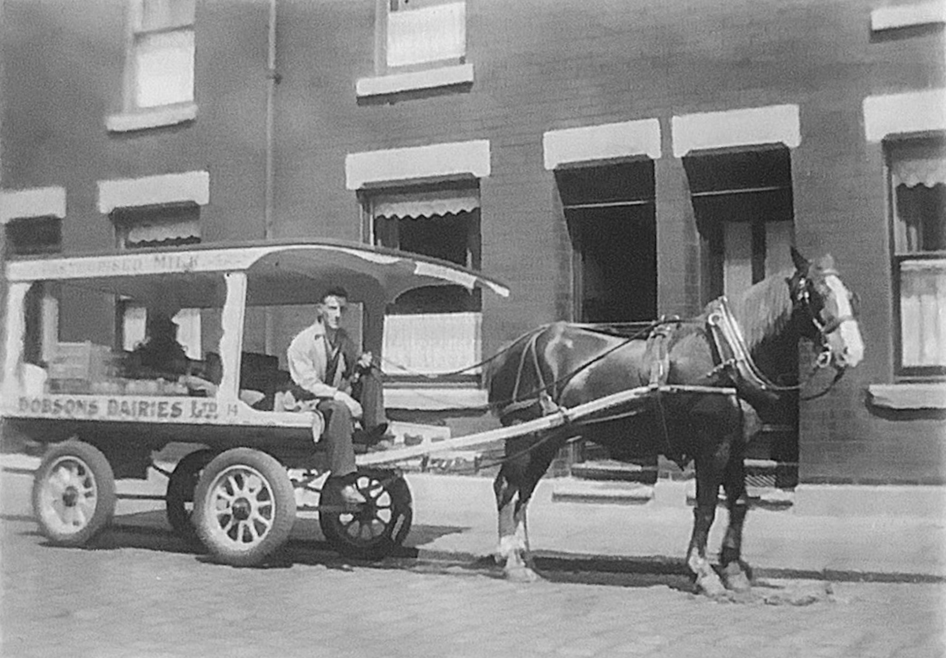 1930's Dobson's Dairies horse-drawn milk floats. Belinda comments "The photos are in South Manchester, either Wilbraham Rd or Wellington Road, Whalley Range". (Courtesy Belinda Tilley Langridge)