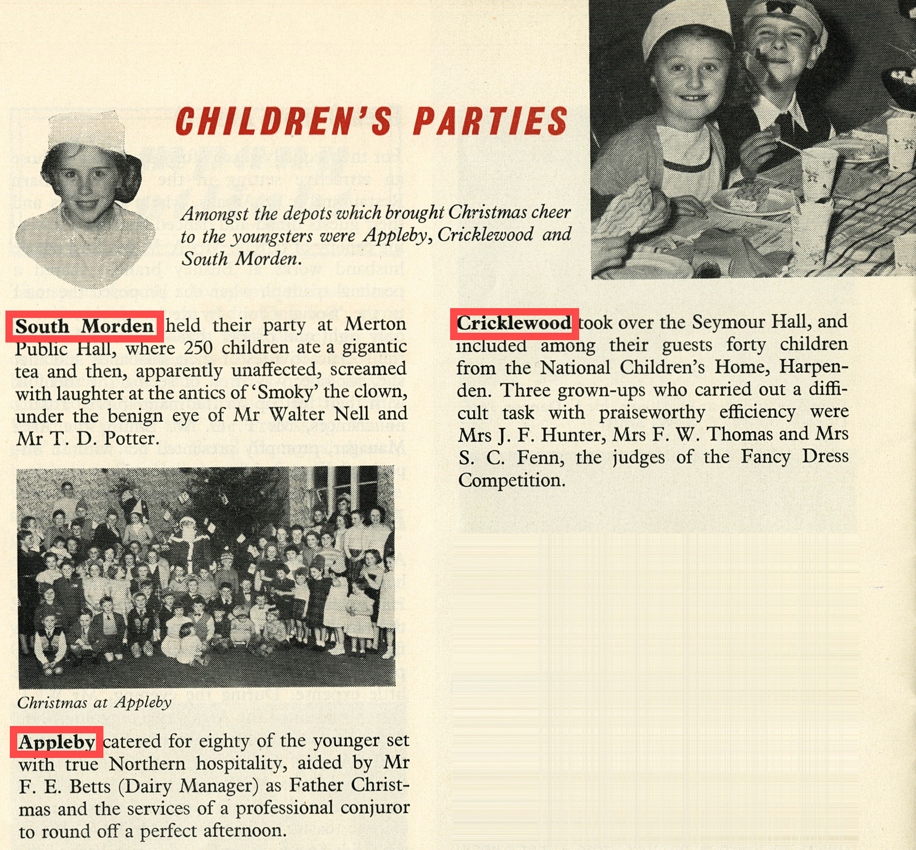 1957 Childrens' parties at South Morden, Cricklewood and Appleby