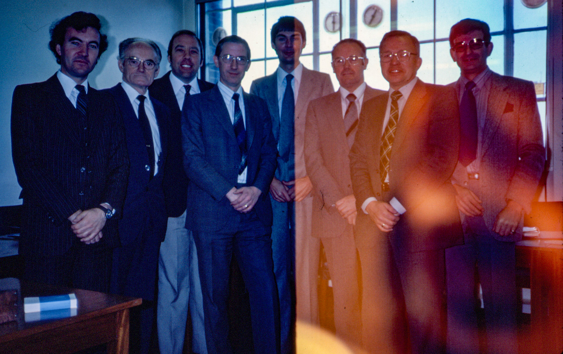 1970's Rossmore Road Training Centre, 1980 at Rossmore Road, occasion unknown. From left to right: Allen King, ?A, Ray Gittings?, David Rowling, Peter Roper, Ernie Benford, ?B, ?C. Express Dairy Tales collection