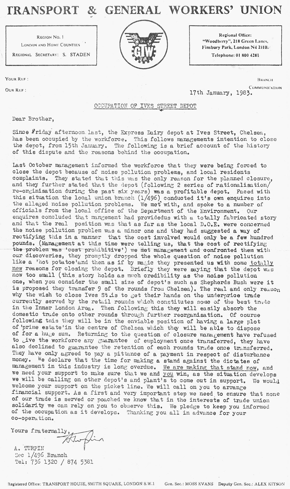 1983 Chelsea Depot, union letter explaining the 'occupation' of the Ives Street Depot, 17th January. (Courtesy Michael Aldread)