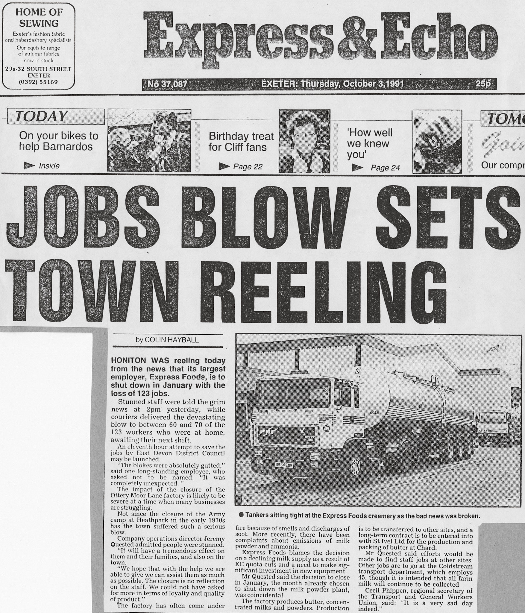 1991 Closure announcement in local paper (Courtesy Allhallows Museum, Honiton)