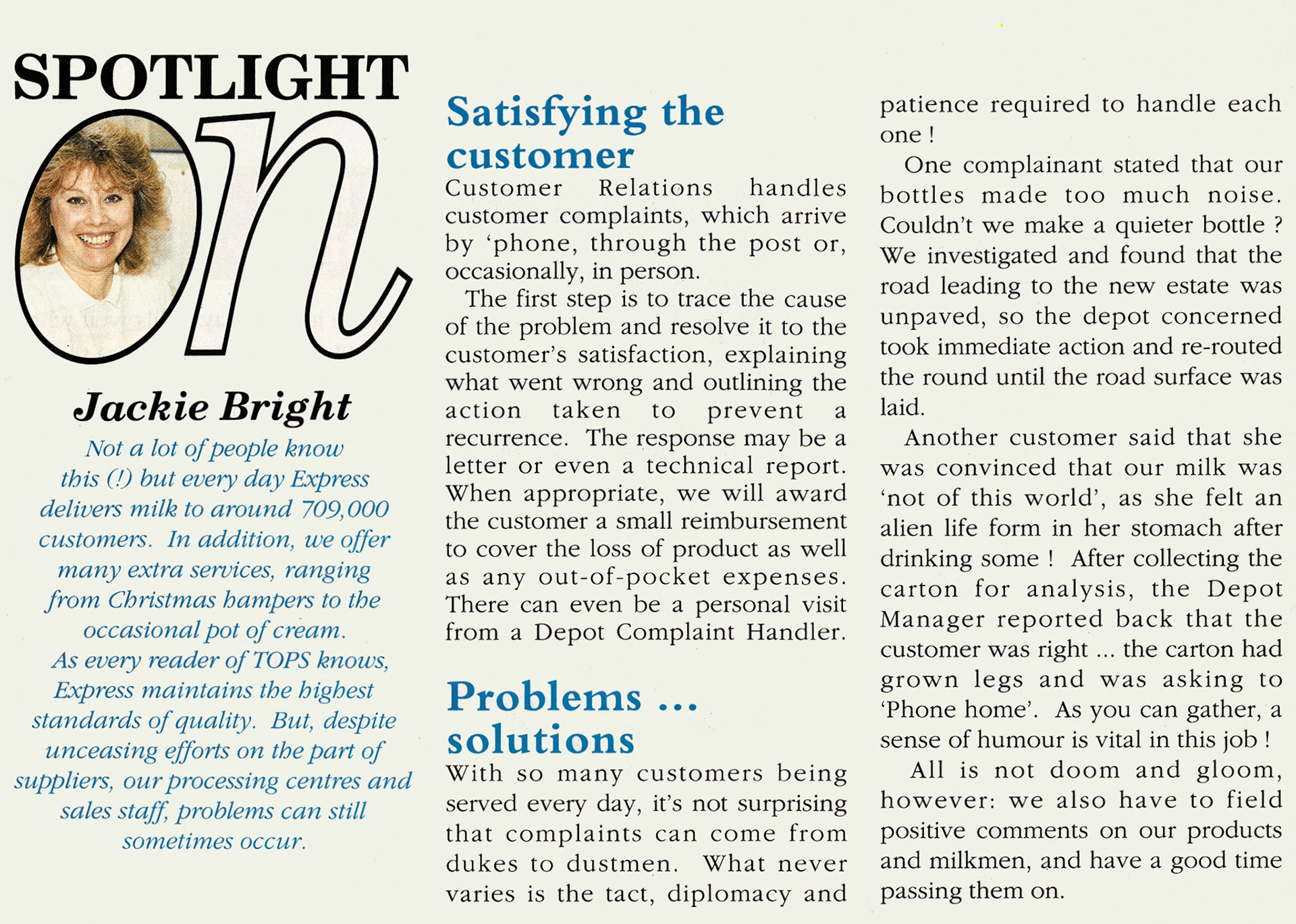 1991 Jackie Bright explains the workings of Customer Relations at South Ruislip. (1991 Summer Tops Magazine)