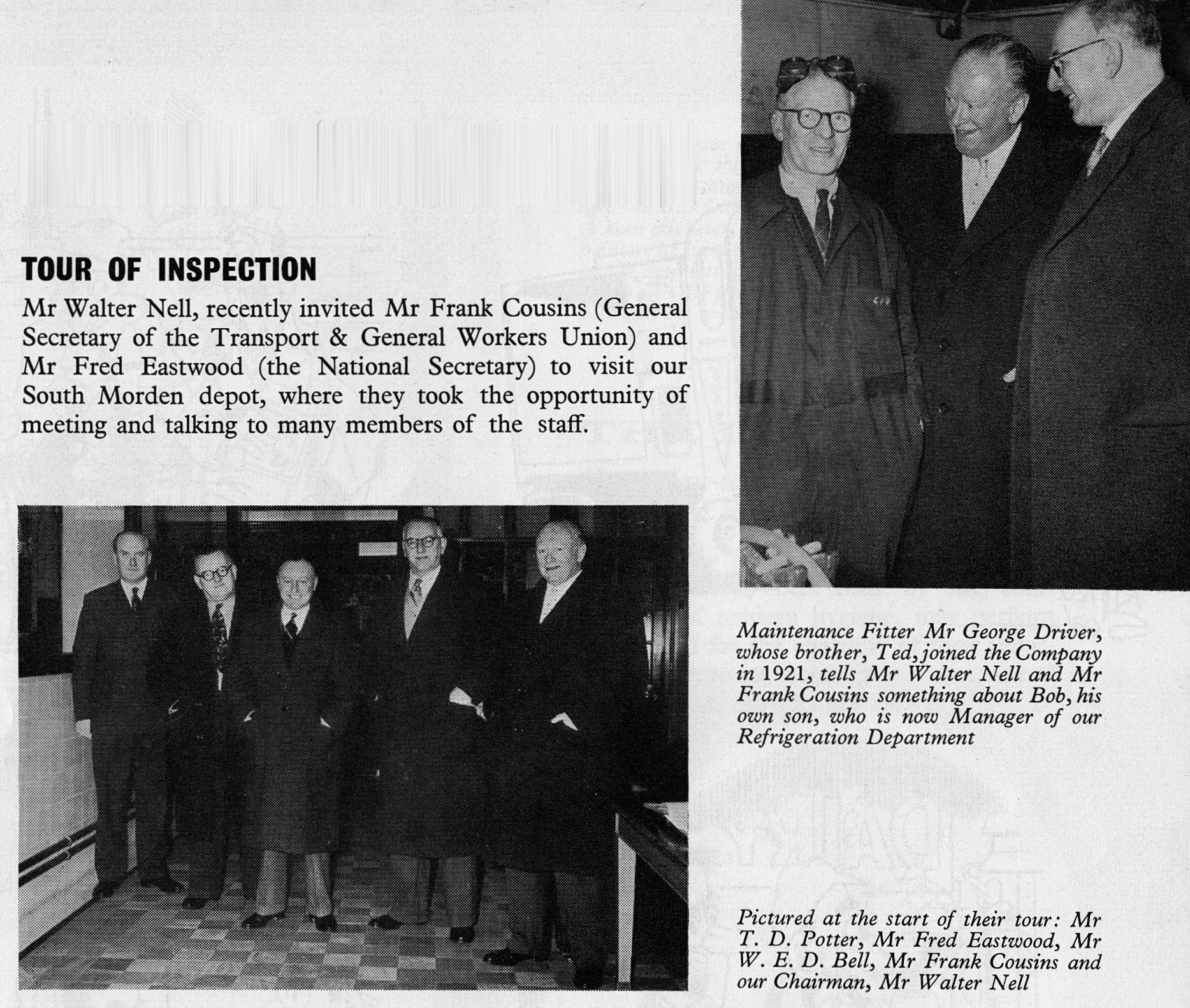 1957 Walter Nell and Frank Cousins (TGWU) visit South Morden Processing