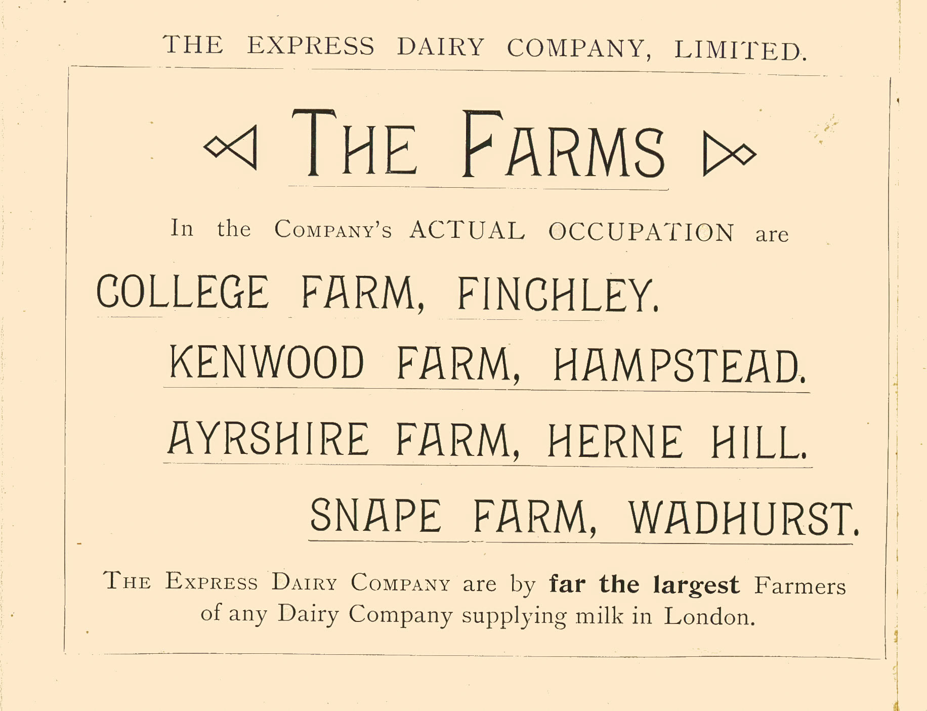 1893 List of four farms operated by The Express Dairy Company, from 'Souvenir from Finchley' (Courtesy Brian Wastell)