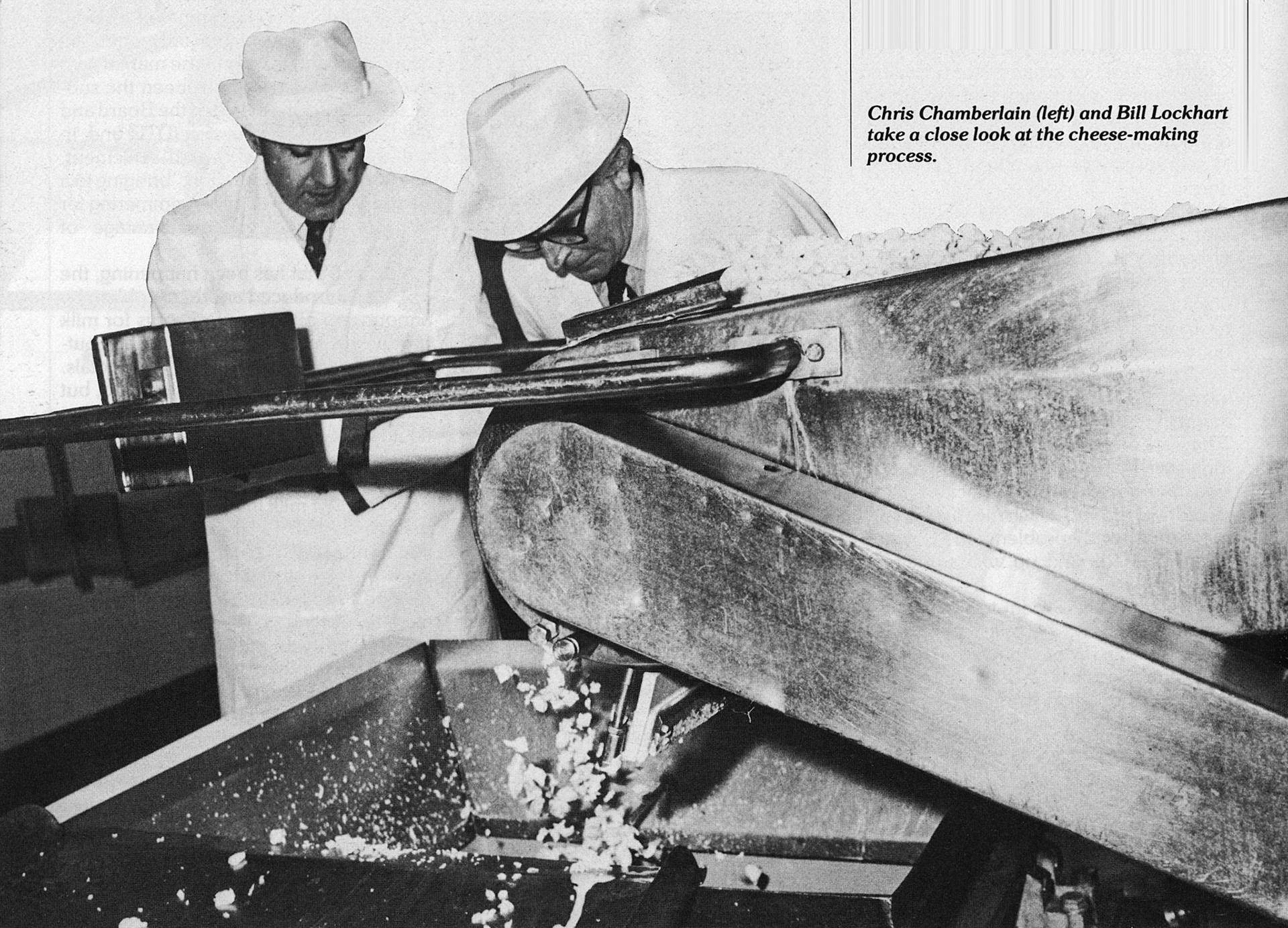 1984 Chris Chamberlain and Bill Lockhart examining the cheese-making process at North Tawton.
