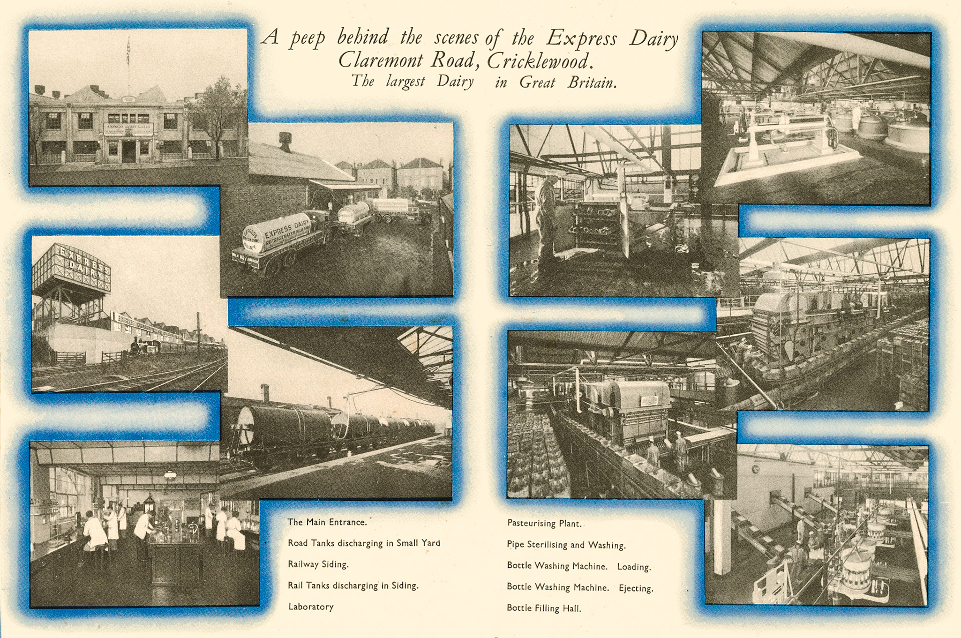 1930's 'A peep behind the scenes of the Express Dairy, Claremont Road, Cricklewood - The largest dairy in Great Britain' (From 'While London Sleeps' booklet.