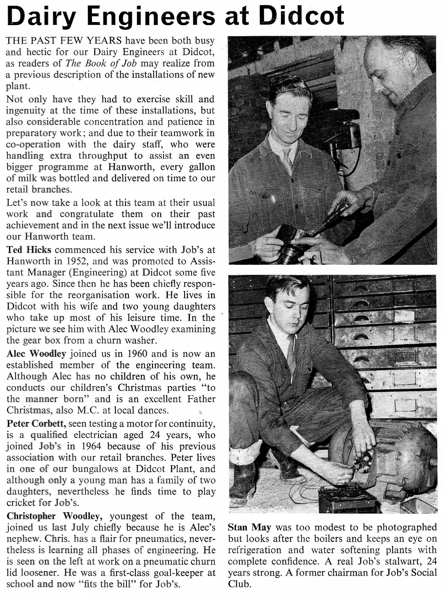 1967 Dairy Engineers at Didcot include Ted Hicks, Alec Woodley, Peter Corbett, Christopher Woodley and Stan May.  (Courtesy Roberts Foundation, Book of Job)