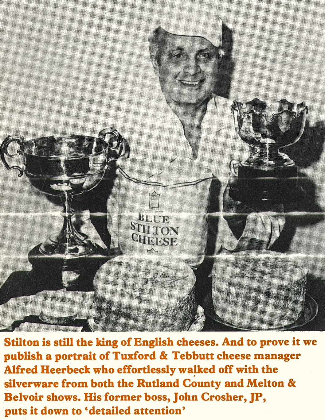 1977 Tuxford and Tebbutt's Alfred Heerbeck receives Stilton awards. (Express News Summer)