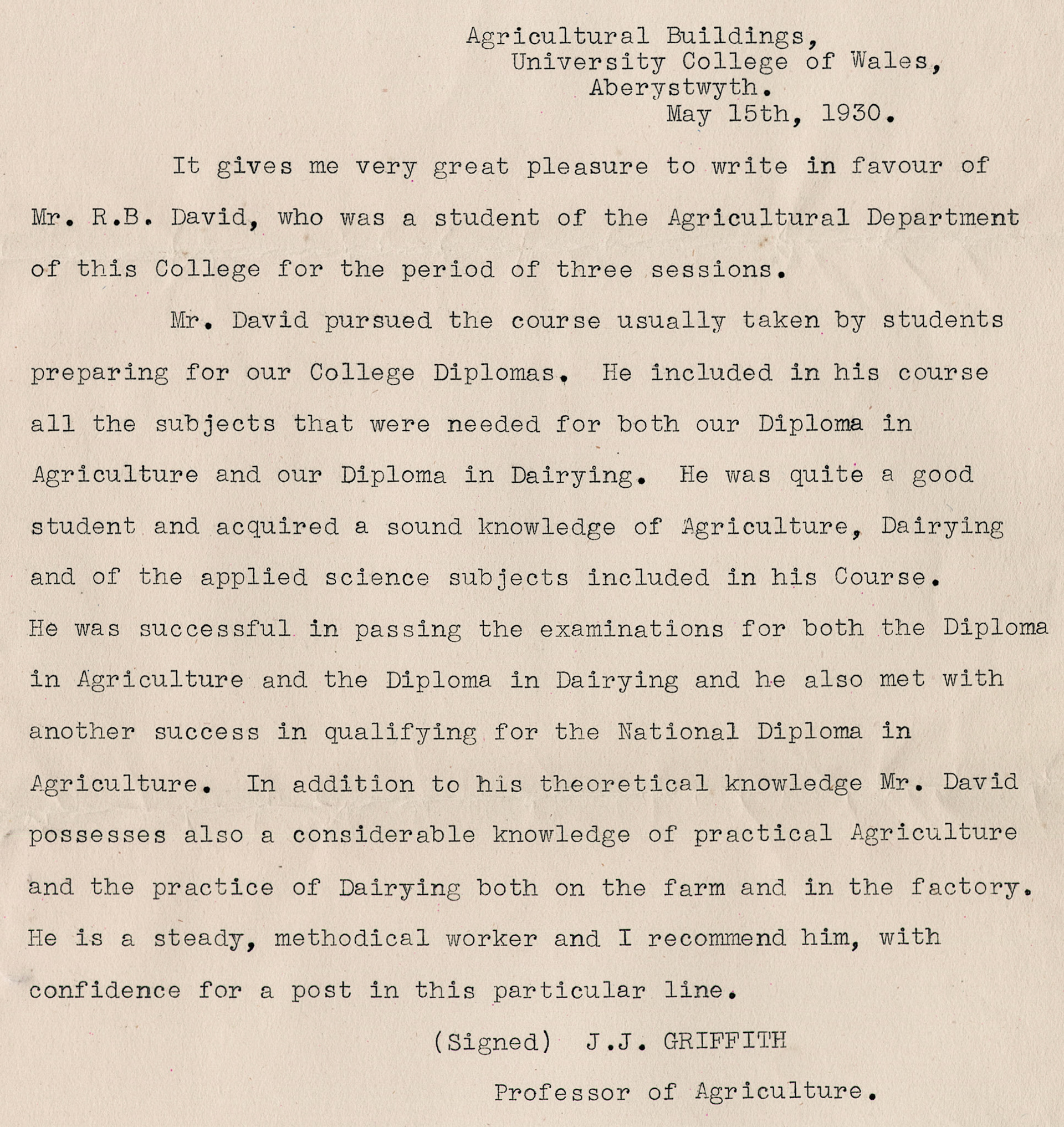 1930 Ruyton Co-operative Dairies-Cheesemaker Job Applications-Mr R.B. David