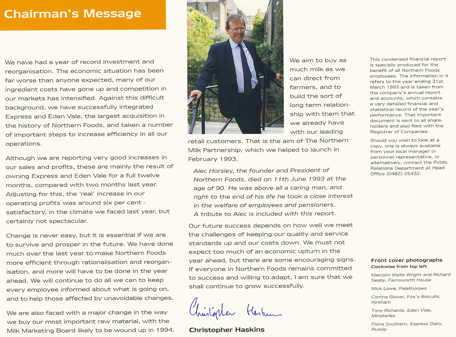 1993 Northern Foods Employee Report, following the purchase of Express and Eden Vale the previous financial year. (Express Dairy Tales Archive)