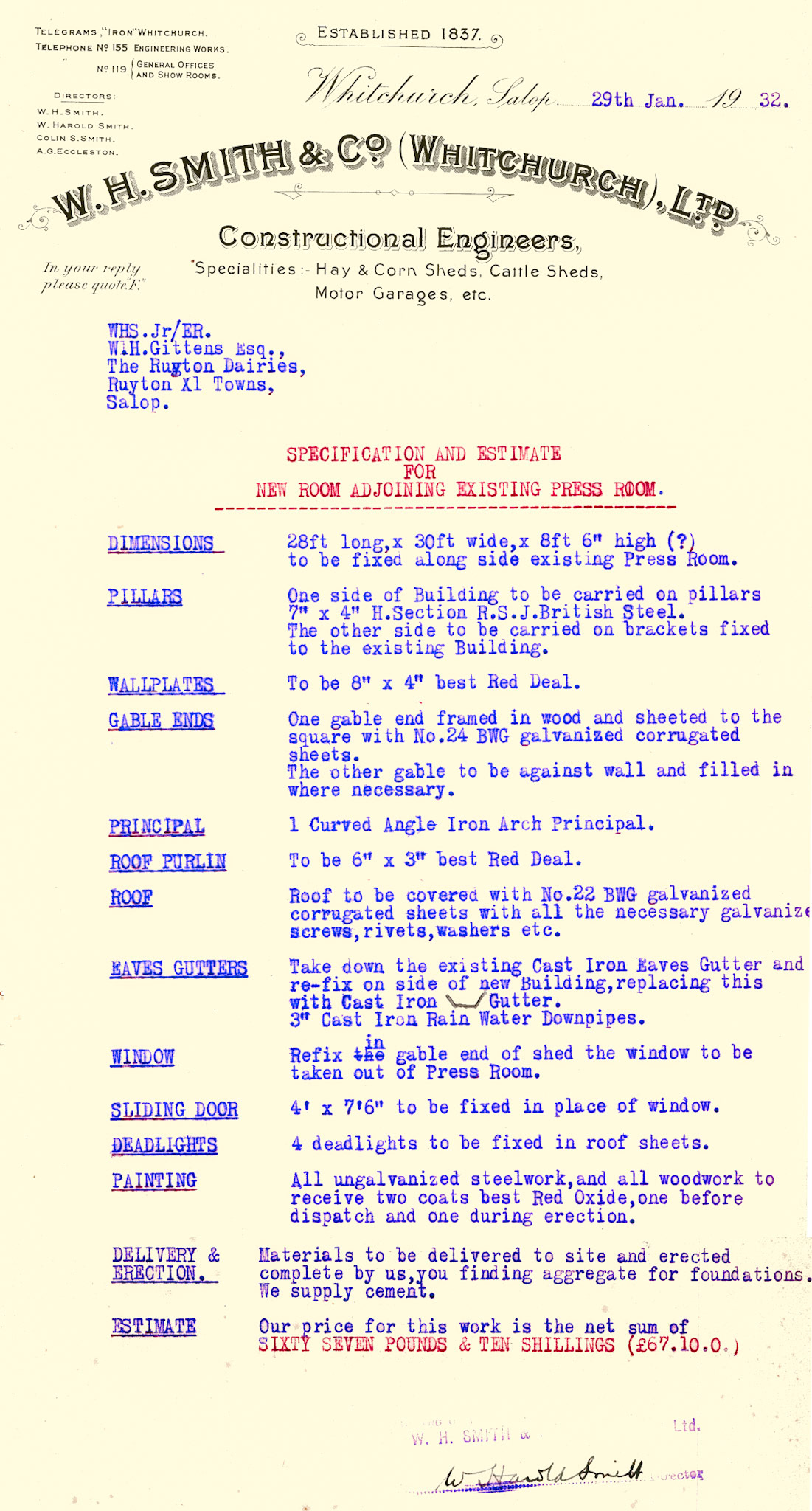 1932 Ruyton Co-operative Dairies-works carried out by W.H. Smith &amp; Co. (Whitchurch) Ltd-
