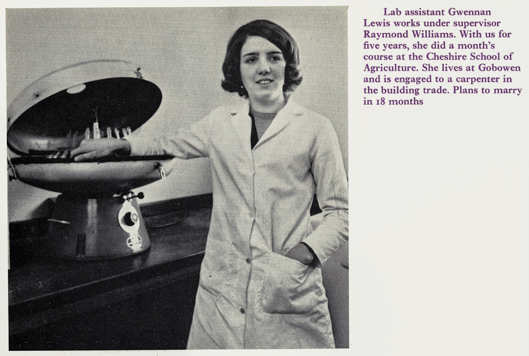 1970 Ruyton Lab Assistant Gwennan Lewis, working for supervisor Ray Williams (Courtesy Doreen Williams)