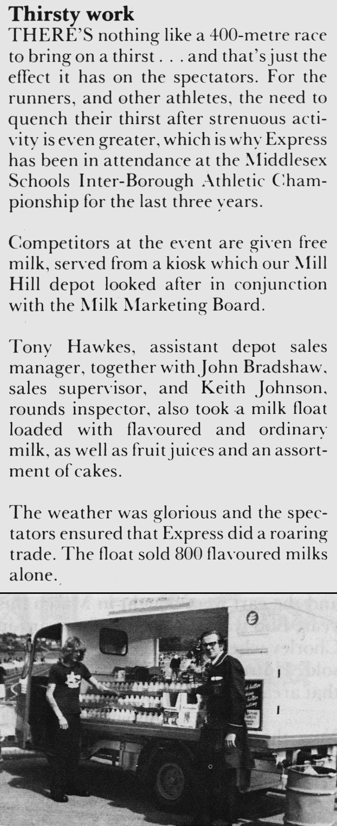 1981 Mill Hill staff Tony Hawkes, John Bradshaw and Keith Johnson man a float at the Middlesex Schools Athletic Championship. (Express News December)
