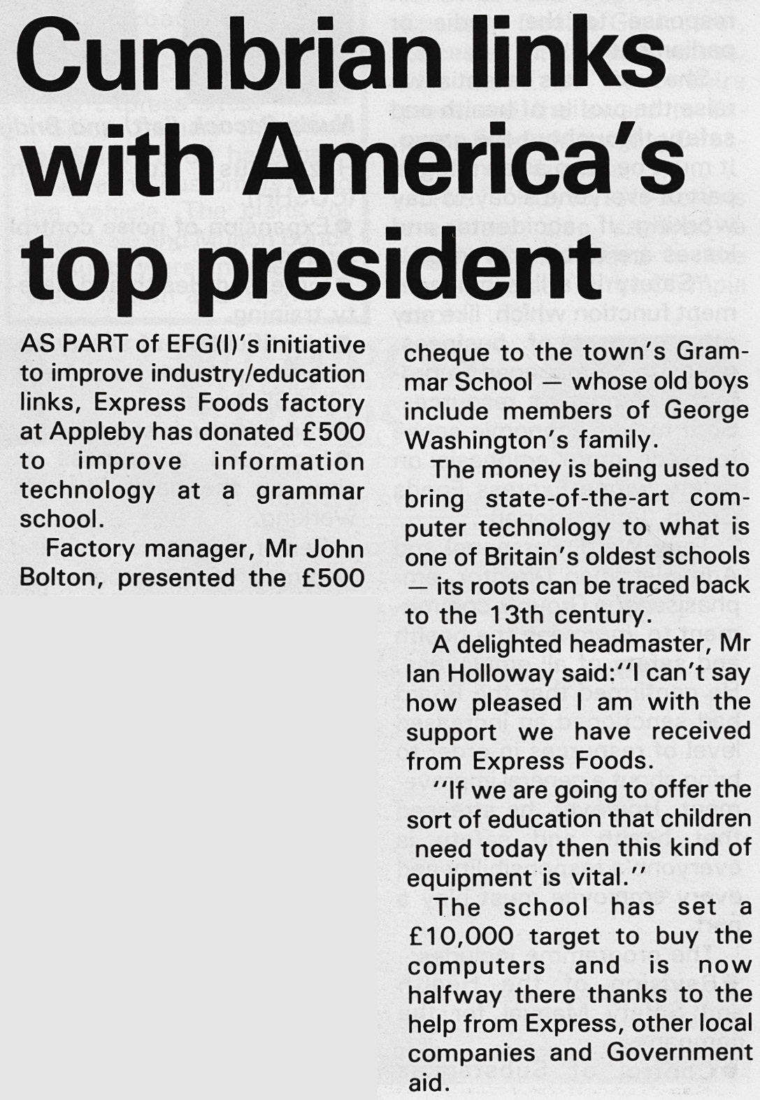 1989 Appleby Grammar School receives funding from EFGI for IT equipment