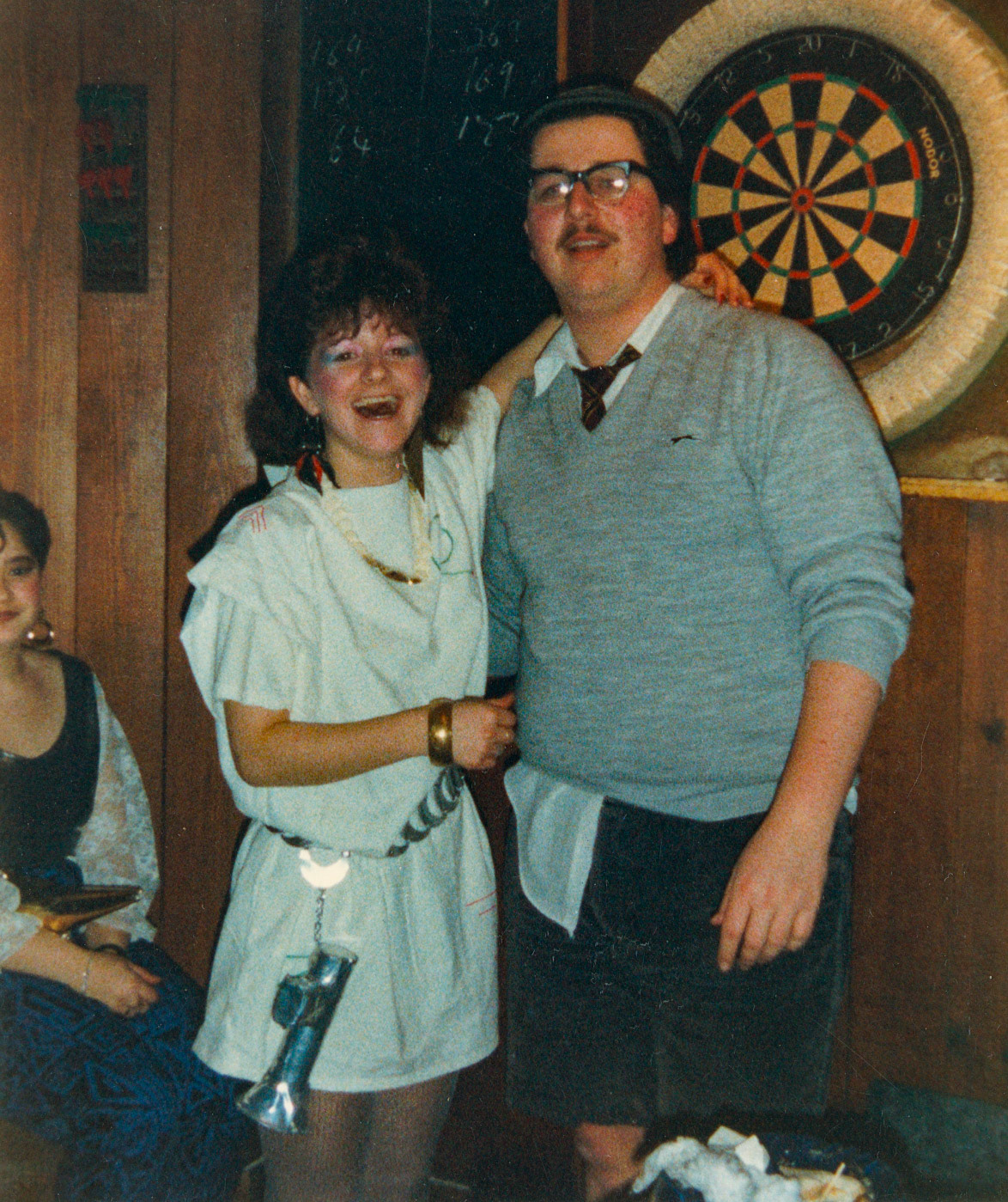 1988 Honiton staff (? &amp; Paul Dimond) celebrate the first Red Nose Day, Fountain Head Inn, Branscombe, Devon. (Courtesy Tim Pearce)