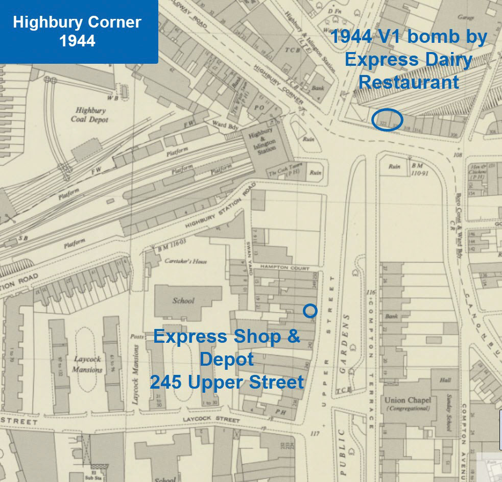 1944 Map of Highbury Corner V1 flying bomb.