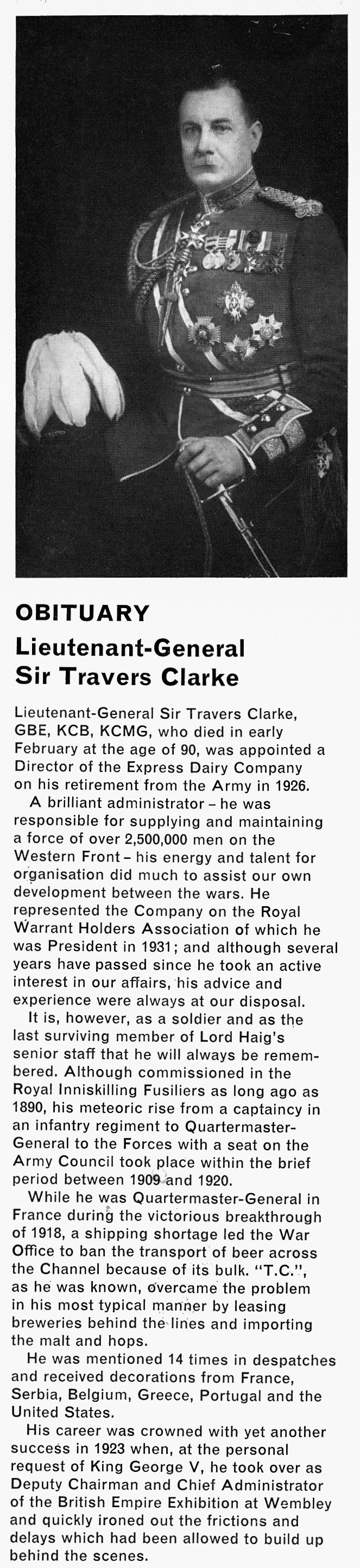 1962 Lieutenant-General Sir Travers Clarke obiturary.  (Express News Spring)