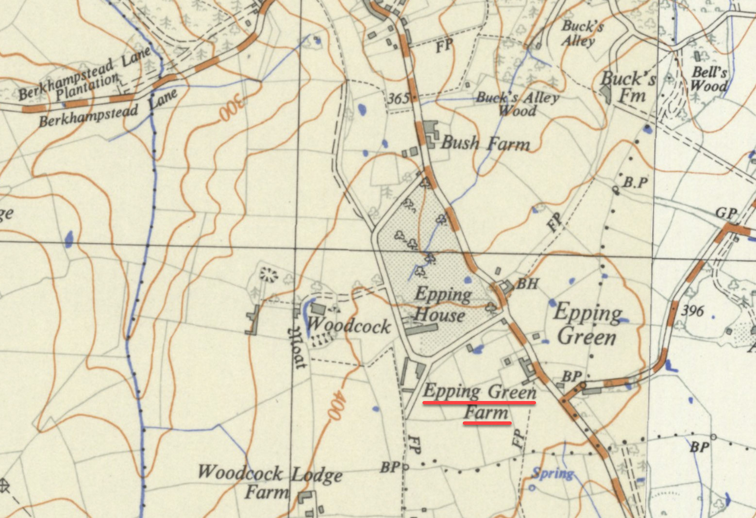 1960 Epping Green Farm, Little Berkhampstead location, 1957 1:25000 OS map revised 1912 to 1954 (National Library of Scotland)