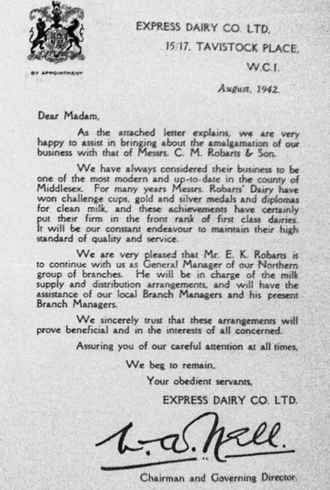 1942 August. Letter confirming CM Robarts &amp; Son amalgamating with Express Dairy during wartime. (Courtesy Richard Gaylard)