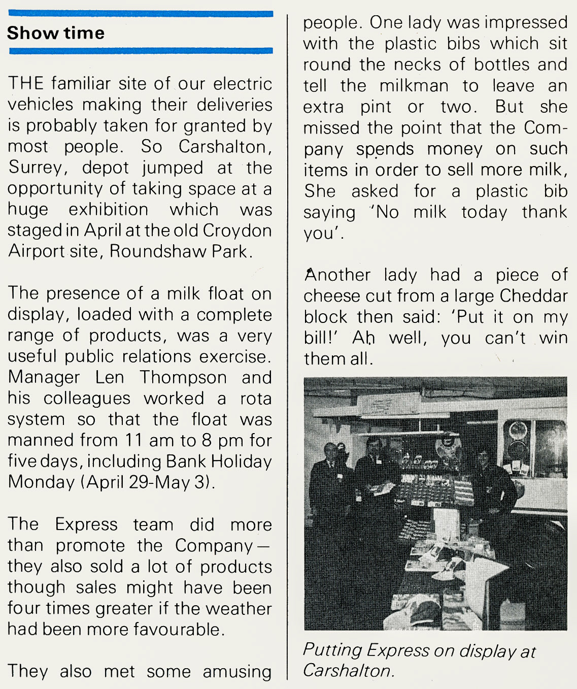1982 Carshalton Depot exhibit at Roundshaw Park, led by manager Len Thompson. (Express News Summer)