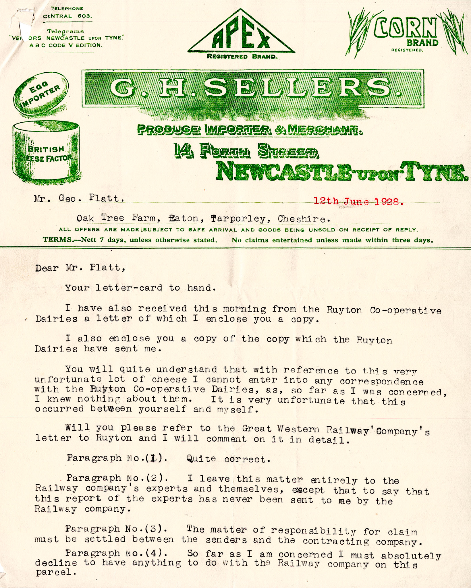 1928 Correspondence regarding a dispute between Ruyton Co-operative Dairies, the Great Western Railway, and Mr G.H. Sellers of Newcastle on Tyne about a cheese delivery that was refused.