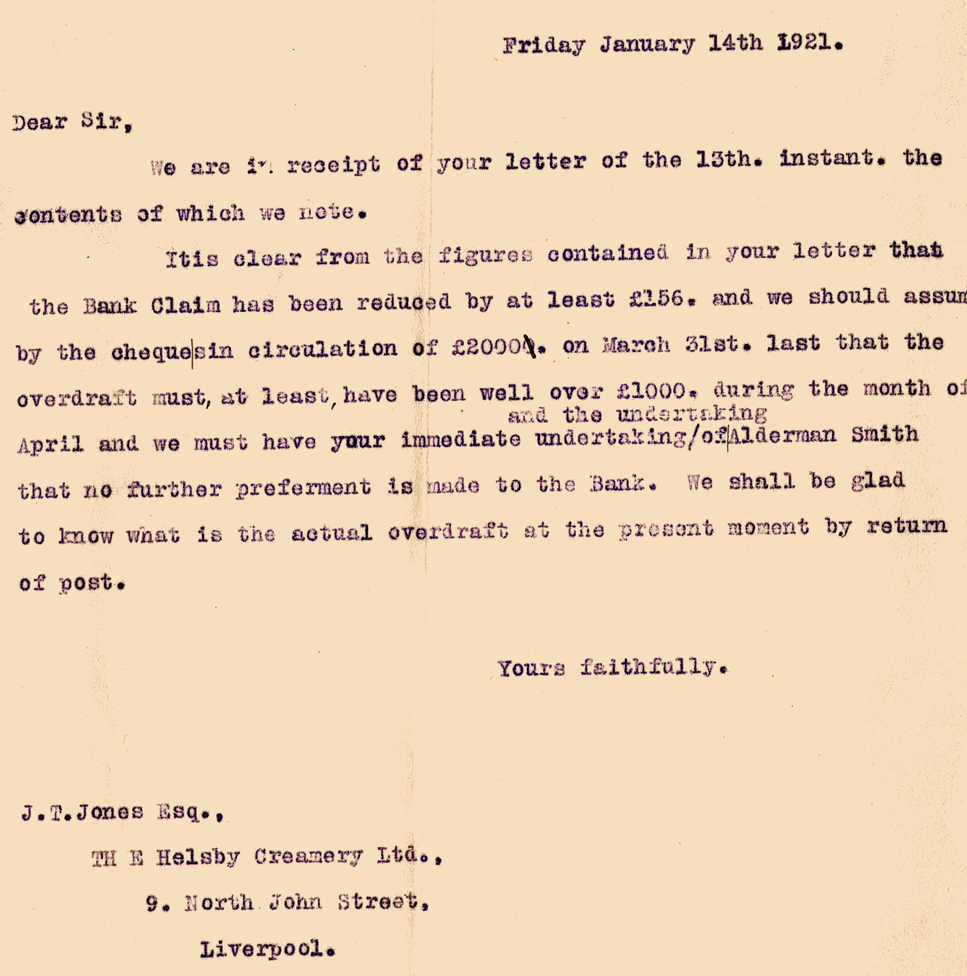 1921 Helsby Creameries Ltd Letter from RCD to H.T. Jones, Company Secretary of Helsby Creameries Ltd dated 14-01. (Ruyton Co-operative Dairies Archive)