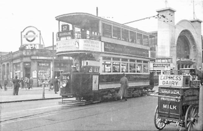 1908 Shepherds Bush station, with Hand Truck. Tram Route 57 ran from Hammersmith. The Franco-British Exhibition was held here in 1908, later called White City and now the site of Westfield Shopping Centre. (Courtesy Richard Gaylard)