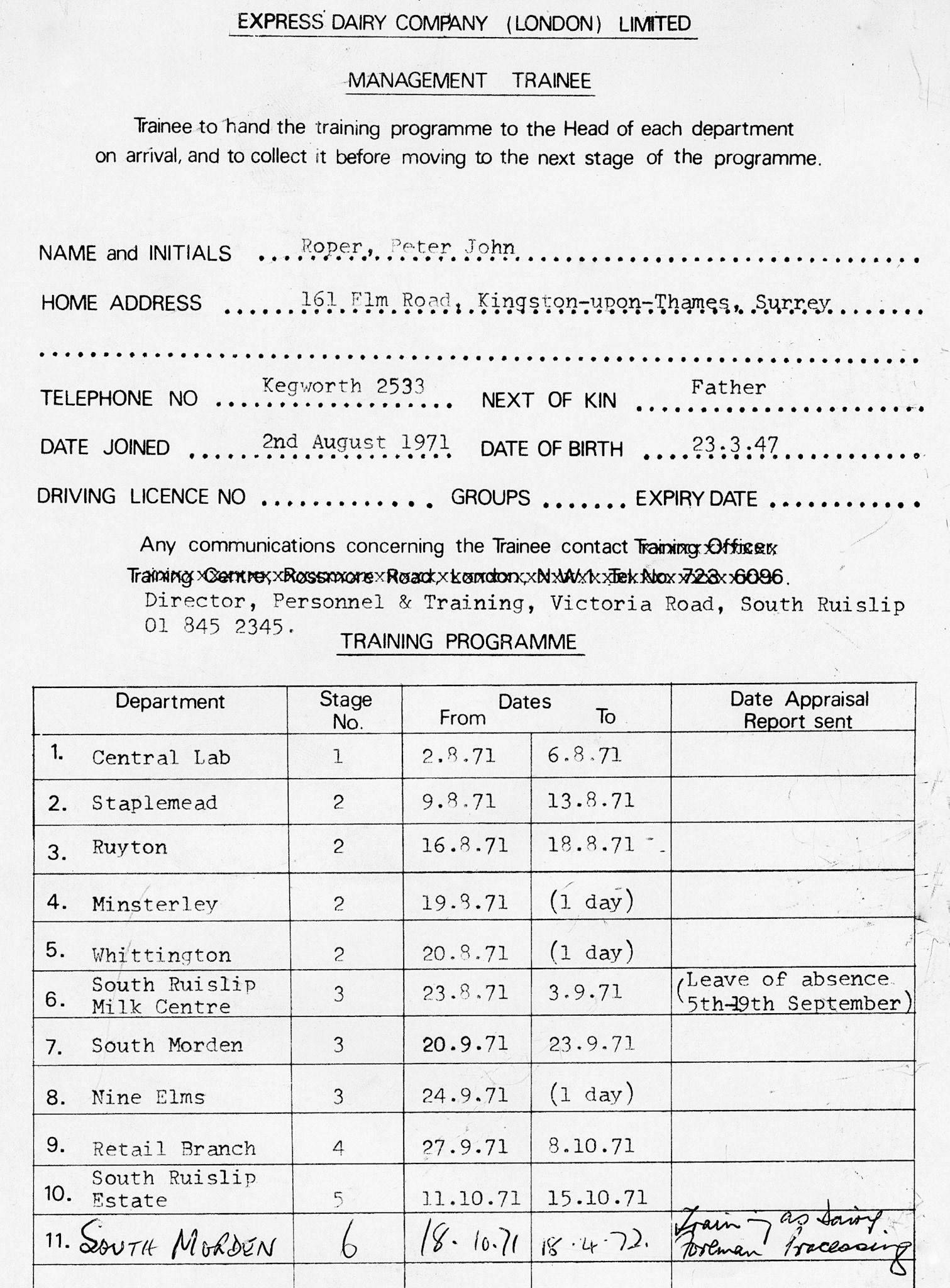 1971 Management Trainee programme, Peter Roper