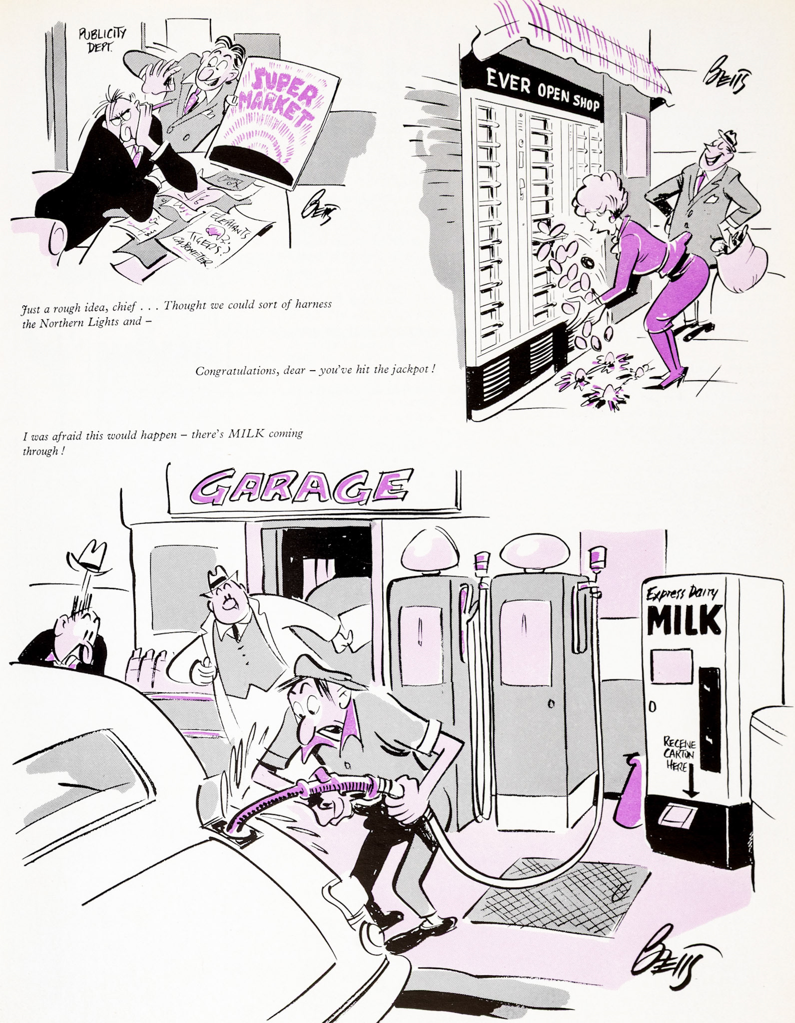 1961 'Clearing the Air'-dairy problems illustrated by Betts in his latest cartoon. (Express News Autumn)