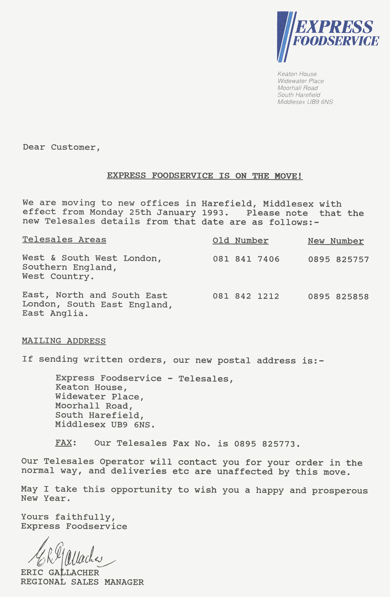 1993 Letter announcing Express Foodservice move to Harefield offices, from Eric Gallacher, Regional Sales Manager to Braziers Dairy. (Courtesy Paul Luke)