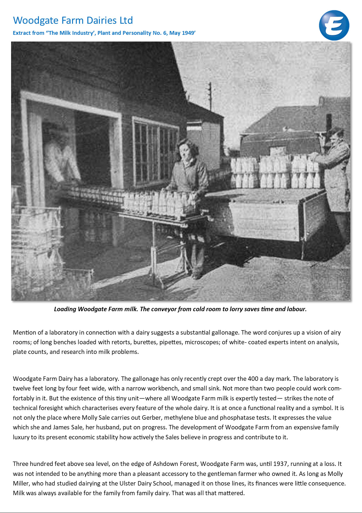 1949 'Milk Industry' article about Woodgate in the pre and post-war period. (Courtesy 'The Milk Industry')