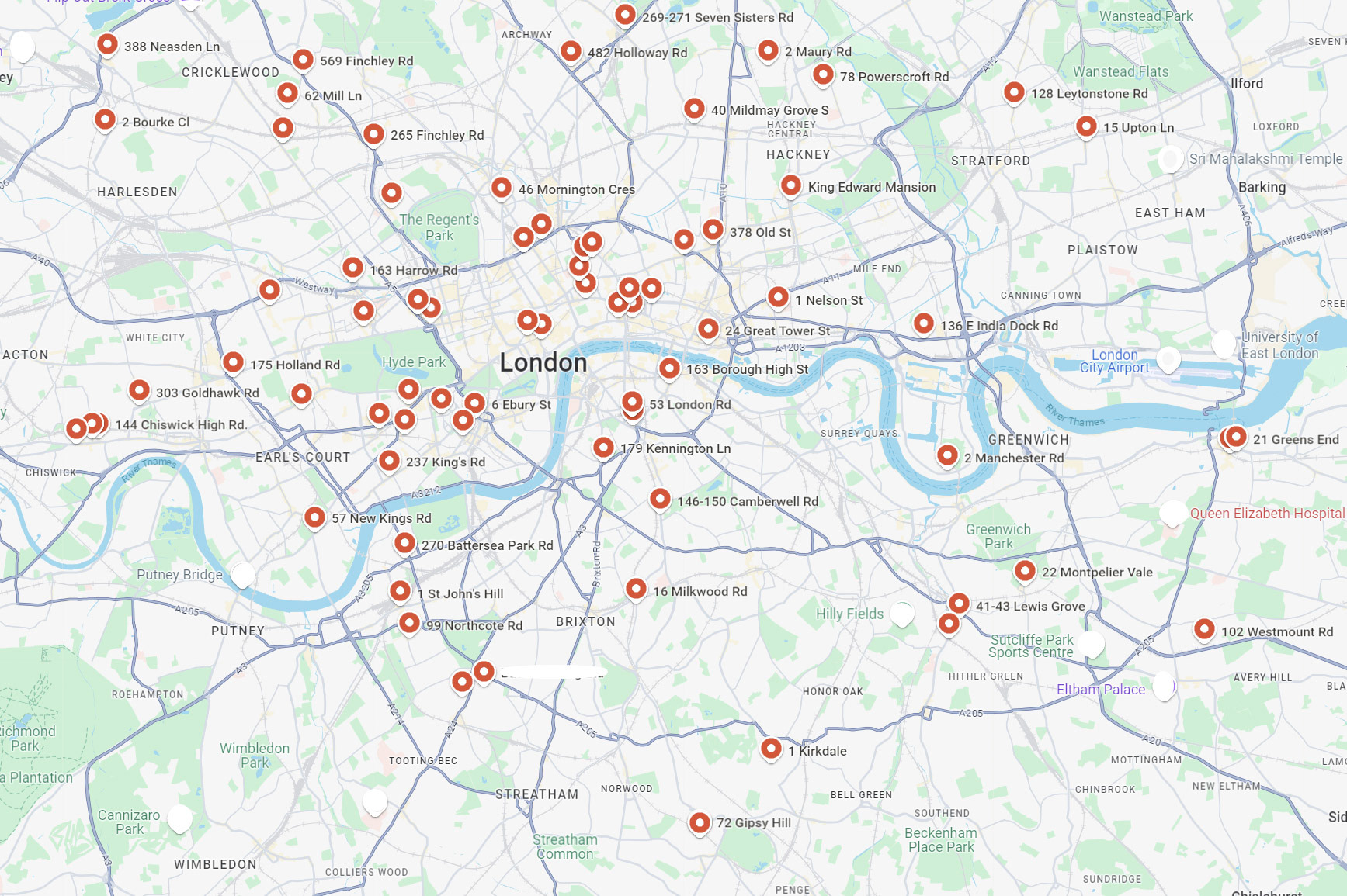 1935 Locations of London Express Dairy Shops, compiled from Post Office Directory of that year.