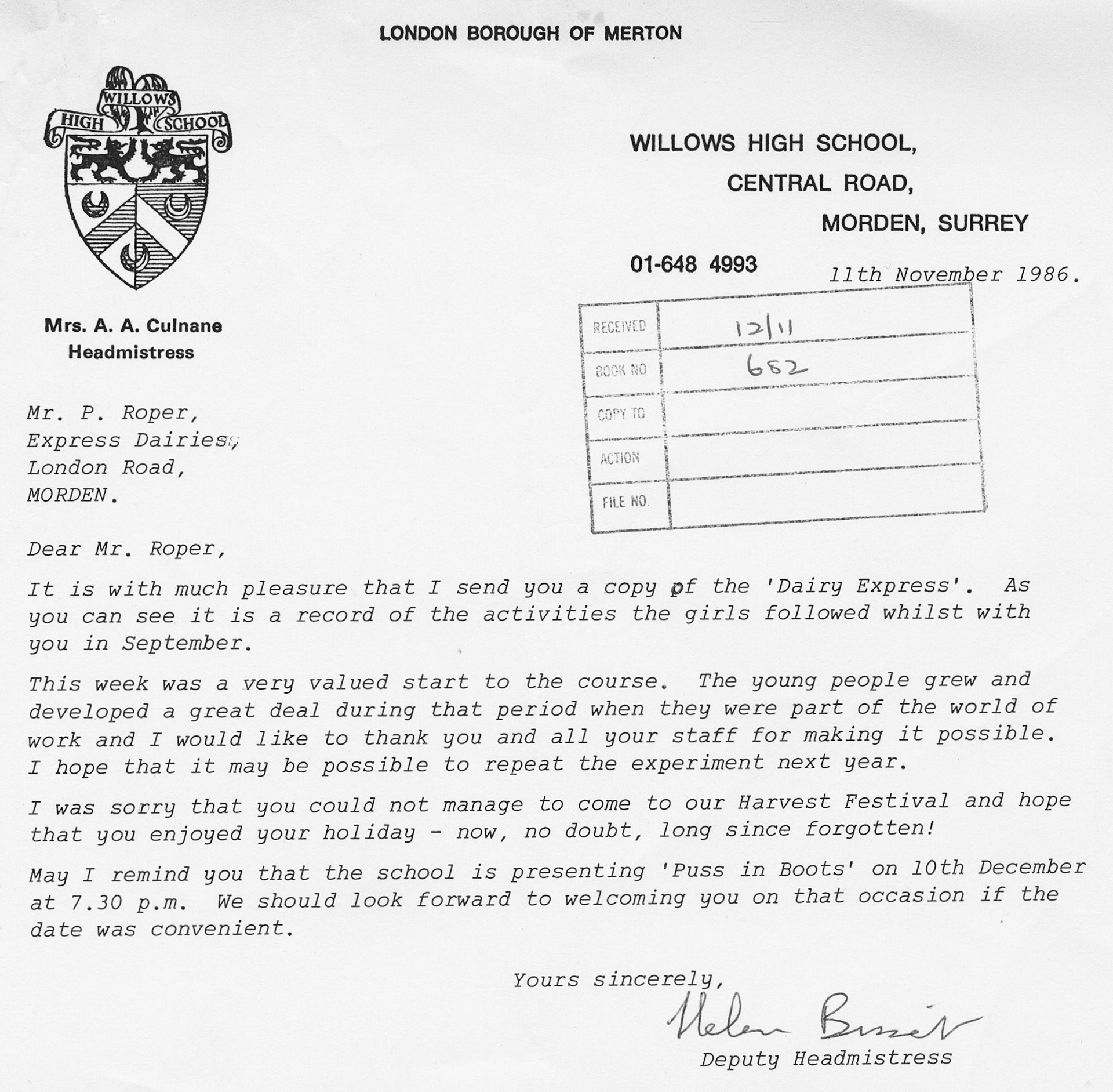 1986 Willows High School - letter from school deputy head