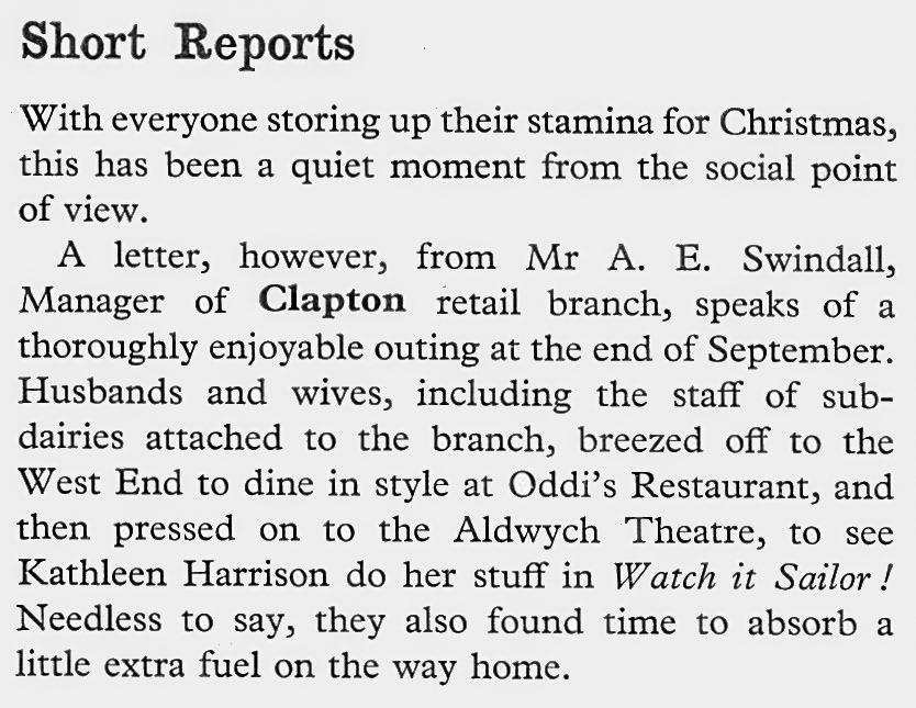 1960 Clapton Retail Depot outing to Oddi's Restaurant and then the Aldwych Theatre. (Express News Christmas)
