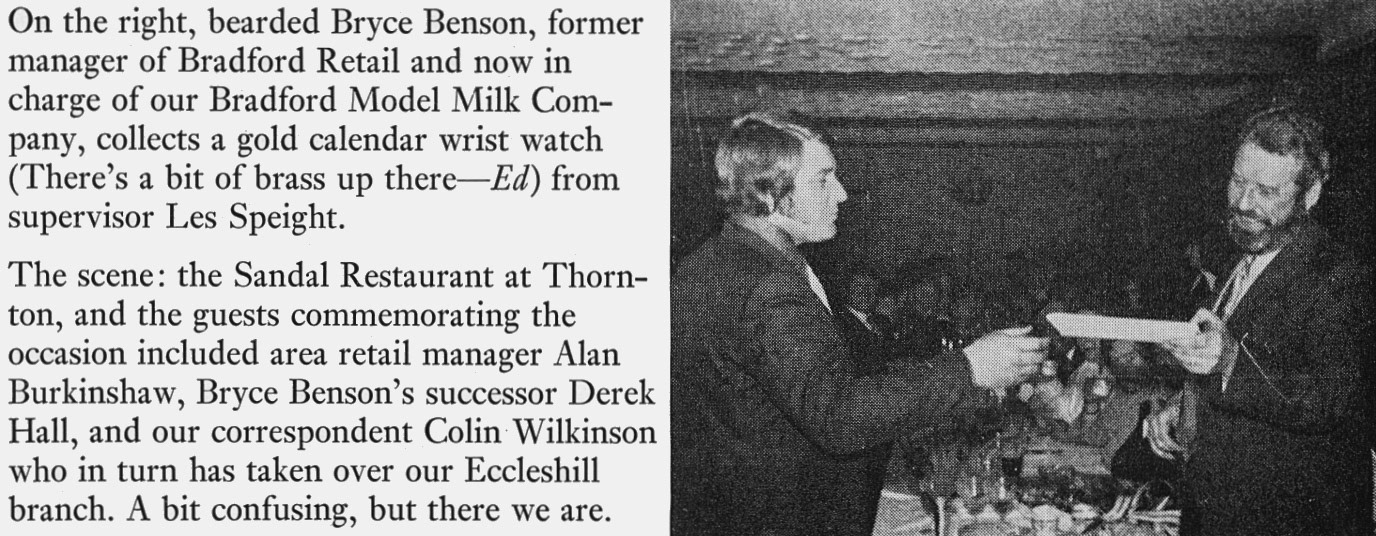 1974 Bradford supervisor Les Speight presents Bryce Benson (Bradford Model Dairy head). (Express News Summer)