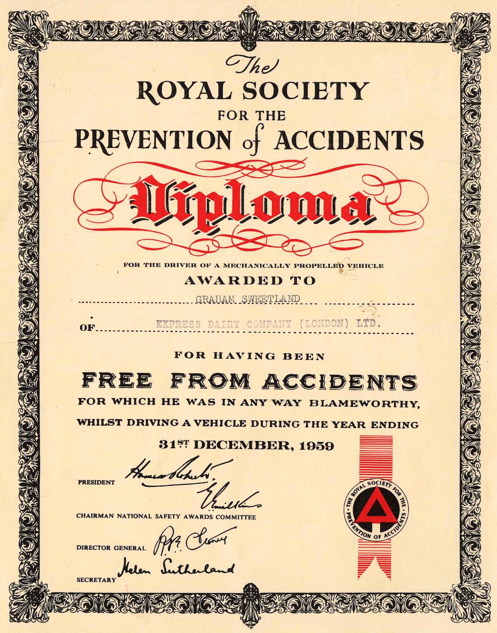 1952 to 1961 Royal Society for the Prevention of Accidents certificates from 1952 to 1961 for members of the Sweetland family at Seaton Junction. (Courtesy Keith Sweetland)