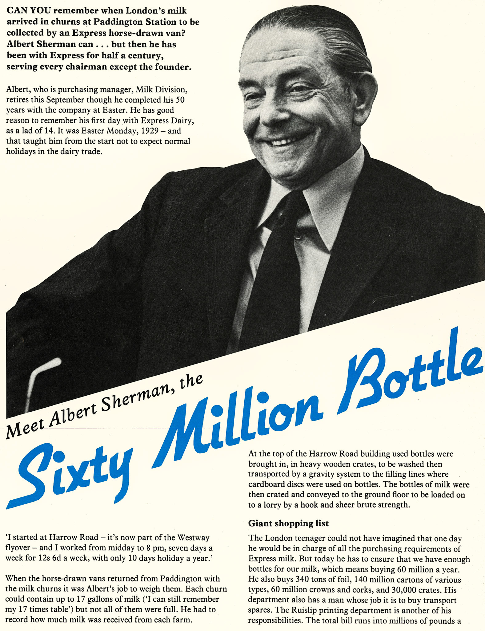 1979 Profile of Albert Sherman, about to retire after 50 years with Express. (Express News Summer)