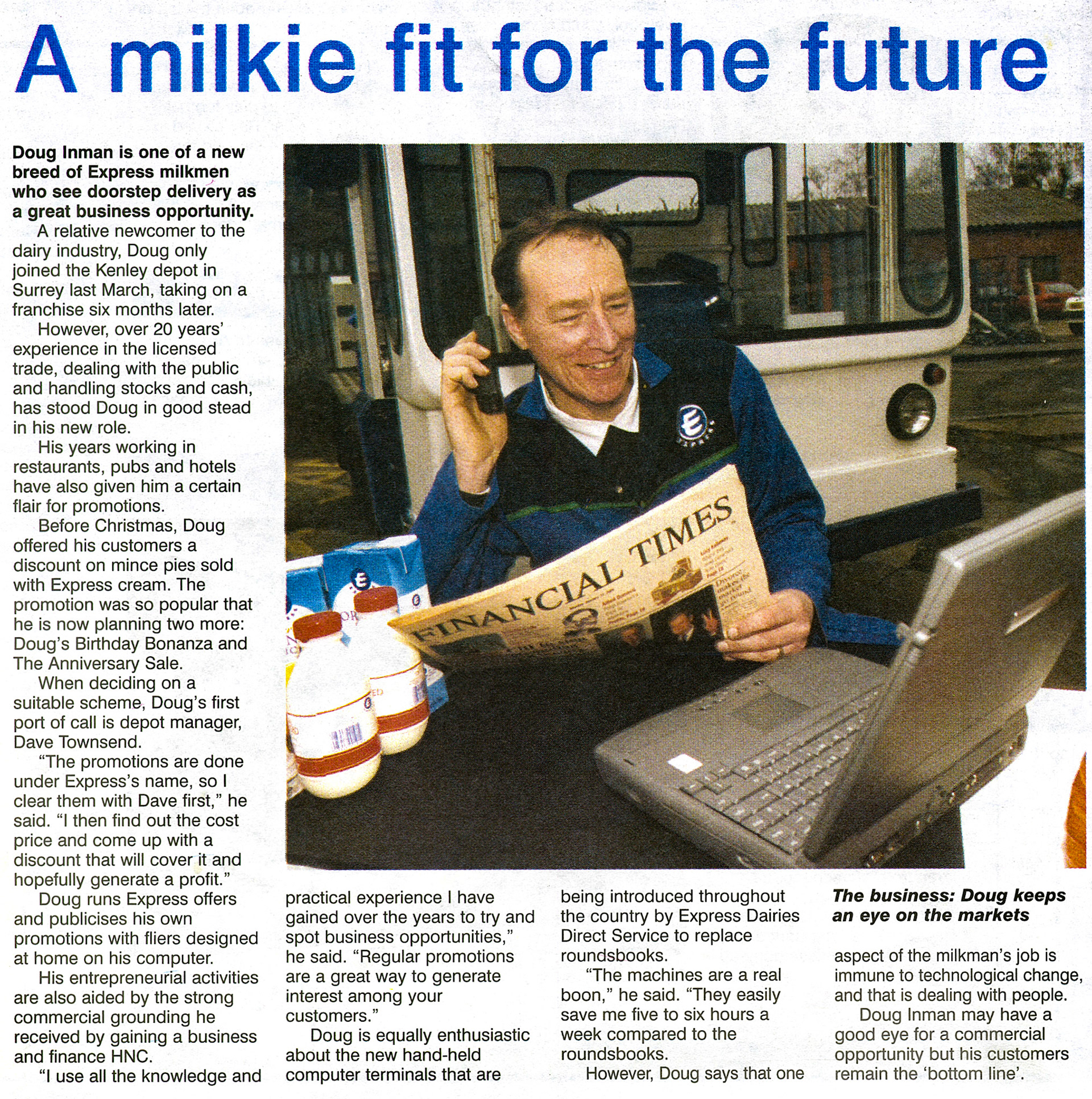 2000 Kenley milkman Doug Inman plans his own sales promotions with Depot Manager Dave Townsend. (Express News January, courtesy Paul Luke)