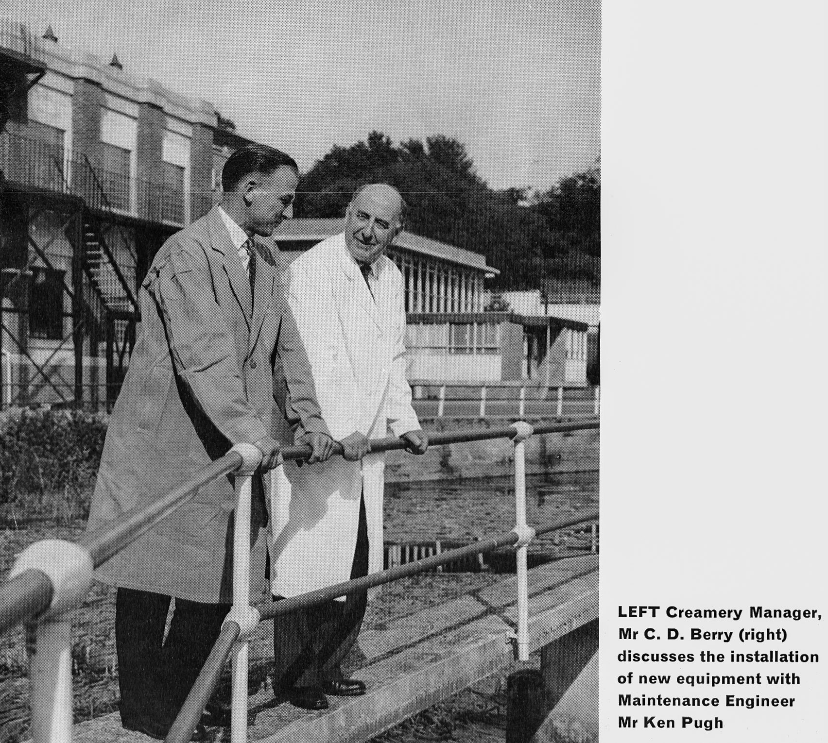 1963 Staplemead-extract from feature article-Maintenance Engineer Ken Pugh with Creamery Manager Mr. C.D. Berry. John Southwell comments "Ken Pugh was still there in my time 1984 - 1991". (Express News Autumn)