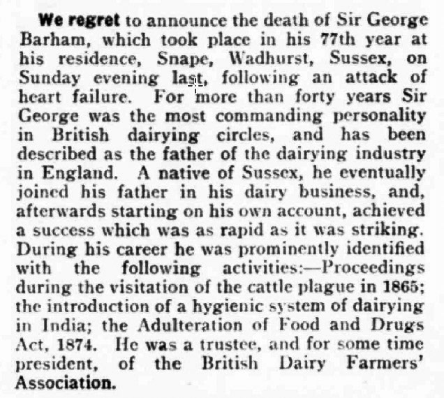 1913 Sir George Barham death. Farmer's Gazette and Journal of Practical Horticulture. (Courtesy of THE BRITISH LIBRARY BOARD)