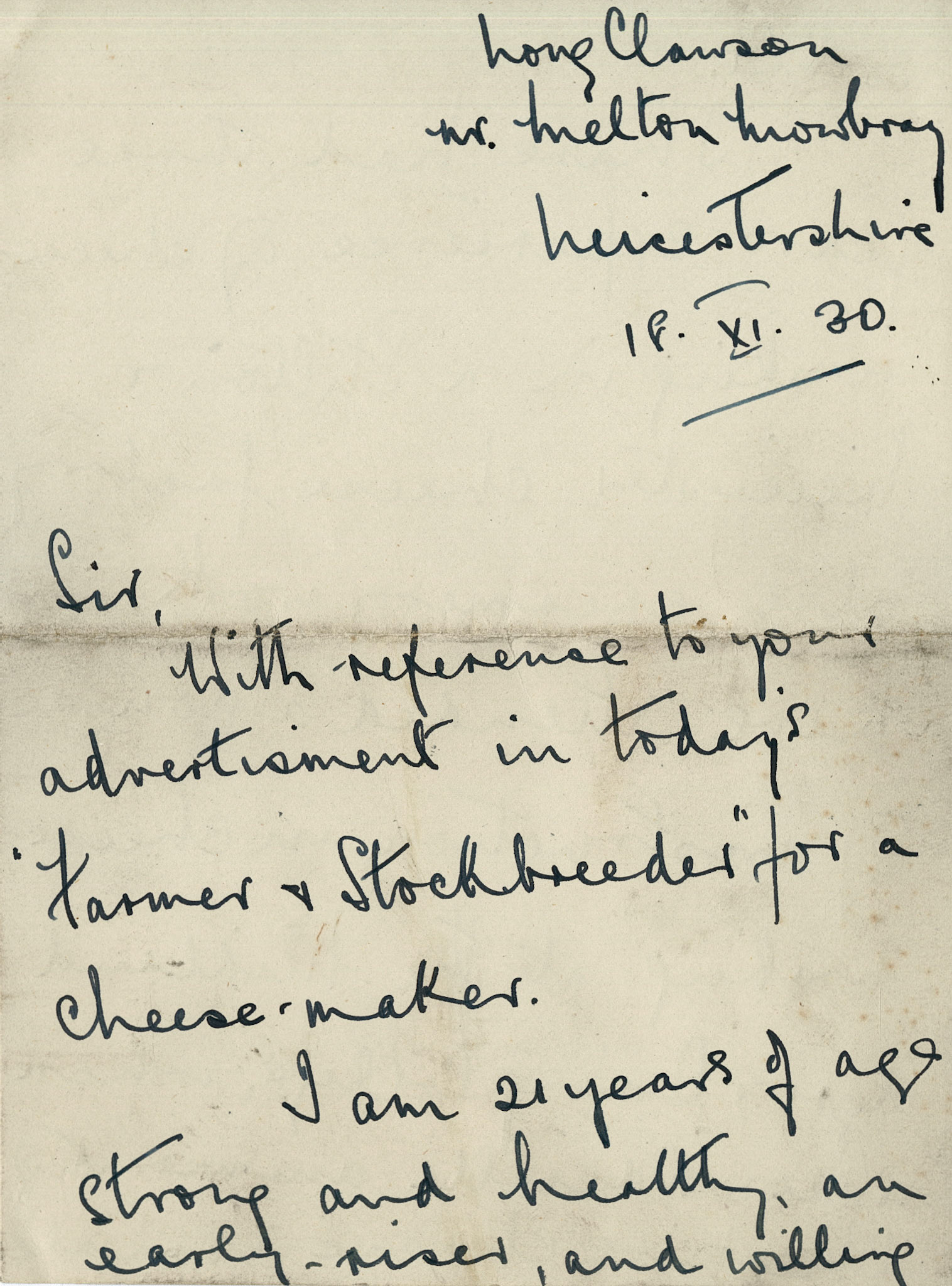 1930 Ruyton Co-operative Dairies-Cheesemaker Job Applications-Mr Laurence McNair