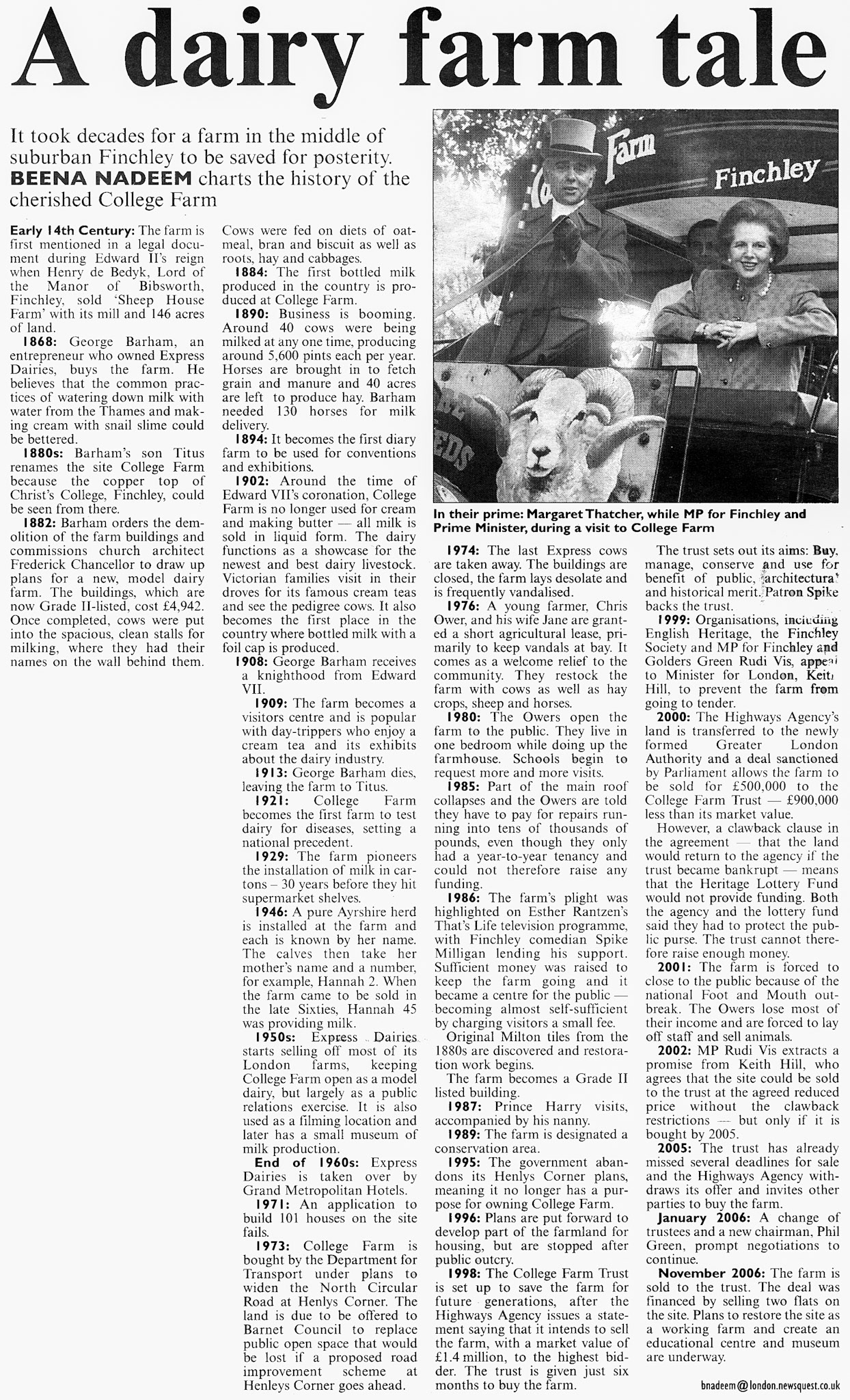 2006 College Farm history summary published in the Hendon Times, 7th December. (Courtesy Paul Luke)